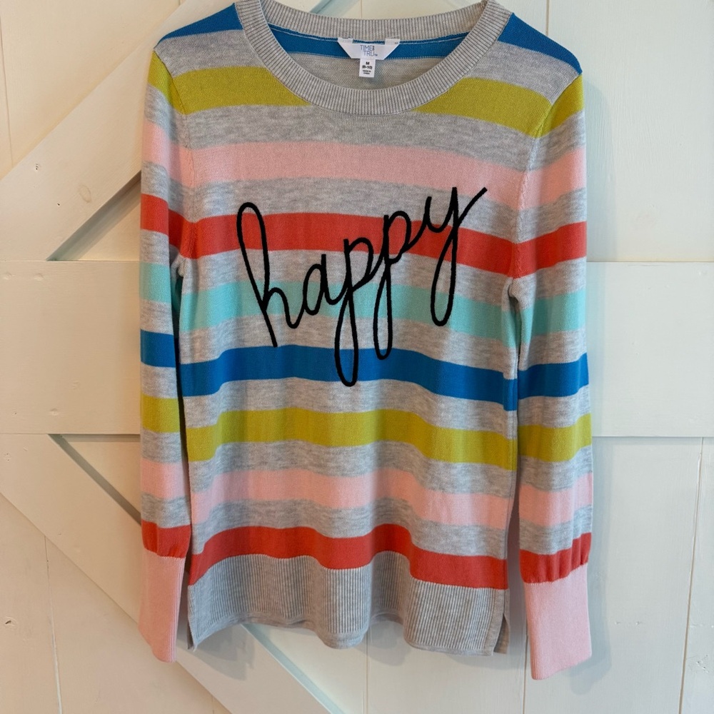 Time and Tru Women’s Multicolor Striped Sweater “happy” Embroidered Medium